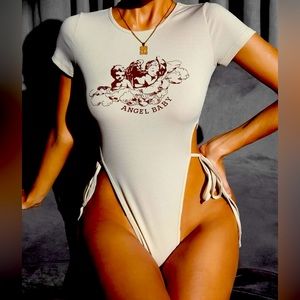 SHEIN SXY Angel Print High Cut Knot Side Bodysuit, Size M(6)